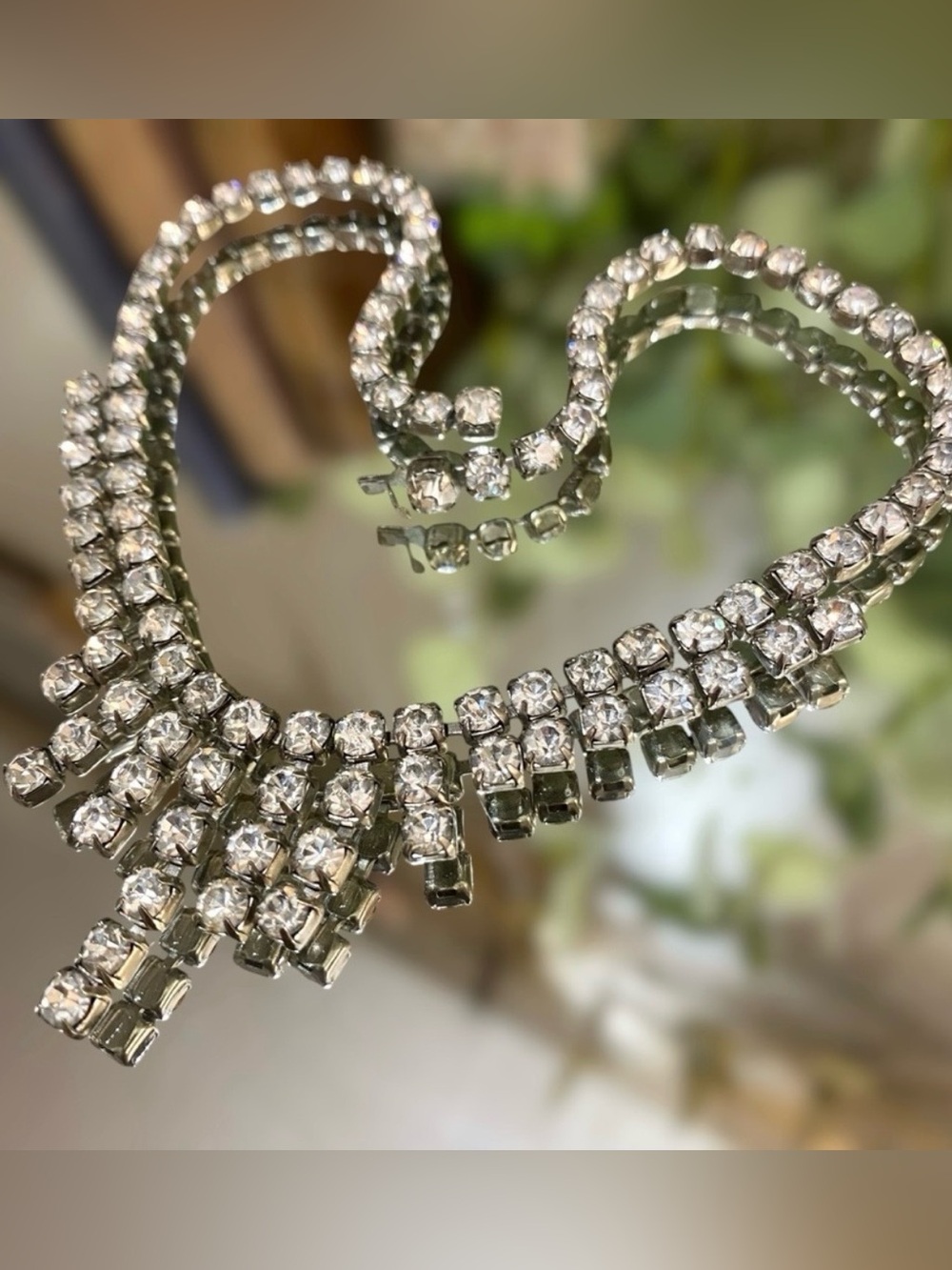 Vintage Estate Rhinestone Necklace Crystal Clear Prong Silver tone Setting